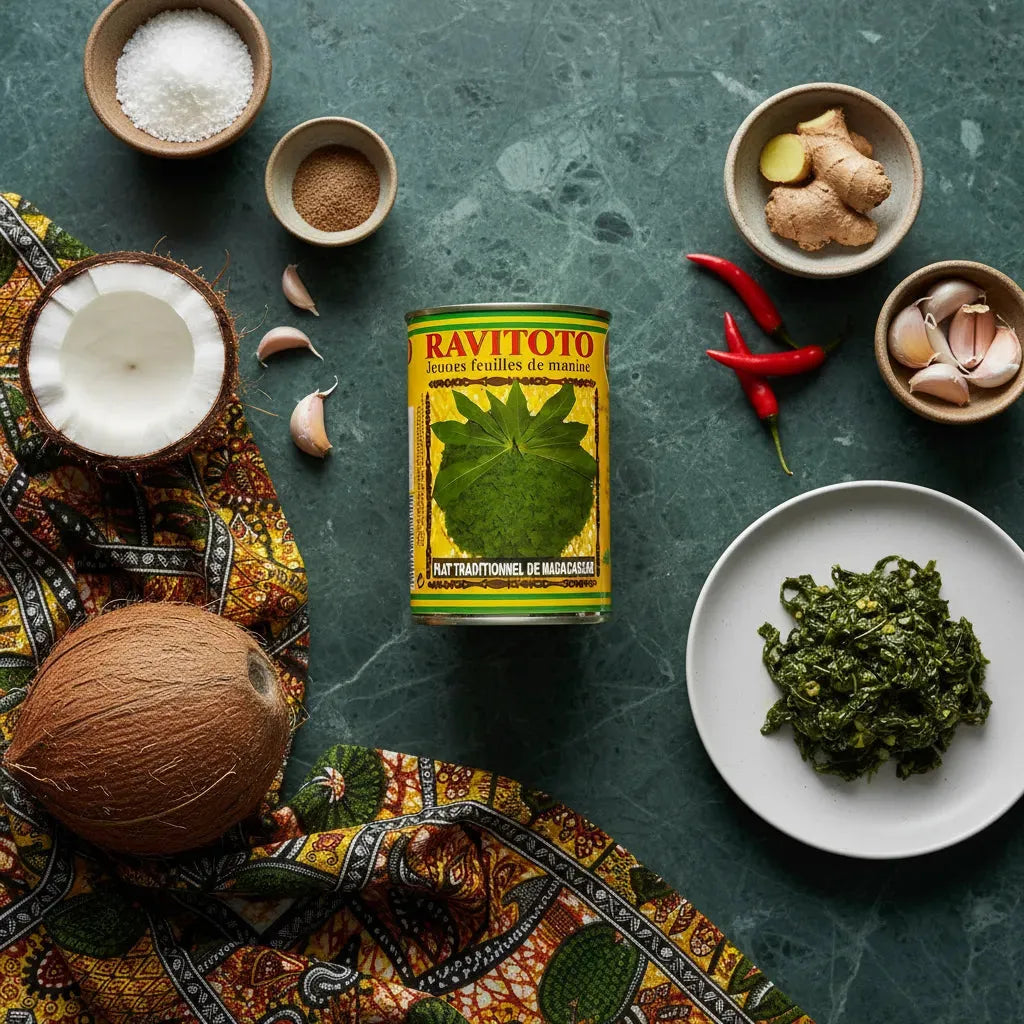 Feuille de manioc Ravitoto CODAL entourée d'ingrédients exotiques sur table verte, idéale pour cuisiner des plats malgaches savoureux.